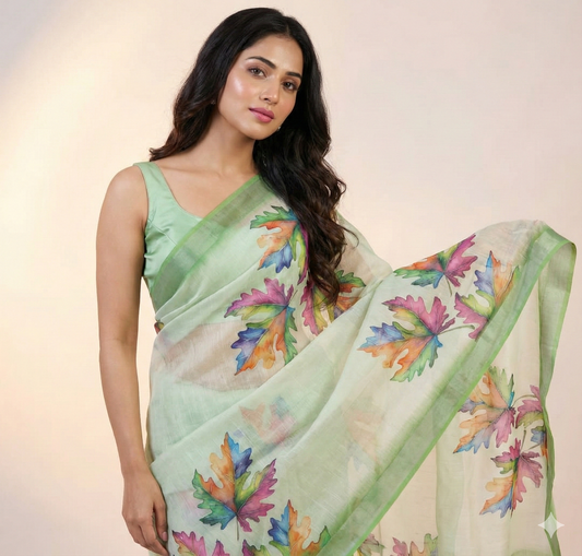 Pastel Garden Digital Print Linen Saree with Running Blouse