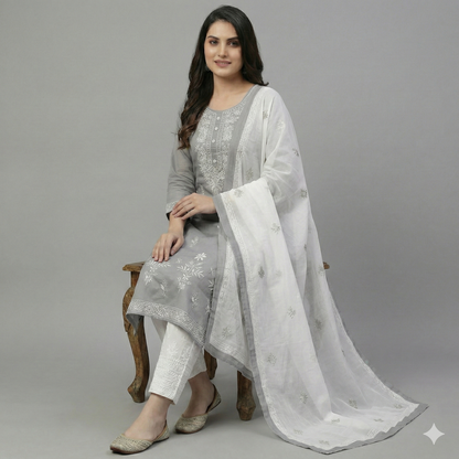 HerLuxe Chikankari Style Embroidered Rayon Kurti Set with Dupatta