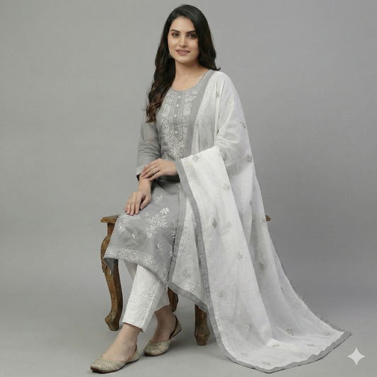 HerLuxe Chikankari Style Embroidered Rayon Kurti Set with Dupatta