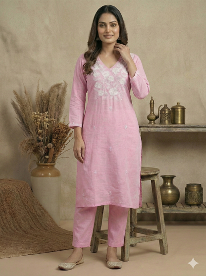 HerLuxe Lakhnavi Style Embroidered Rayon Kurti Pant Set