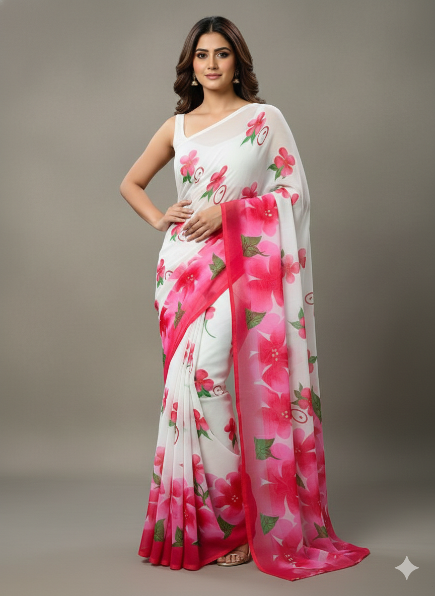 Floral Printed Crunchy Chiffon Saree with Matching Blouse Piece