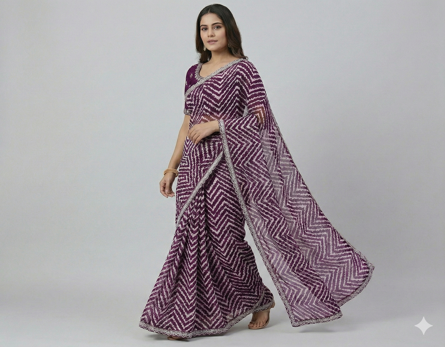 HerLuxe Chevron Print Chiffon Saree with Designer Lace Border