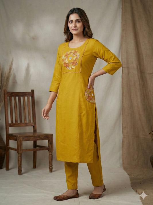 HerLuxe Everyday Charm Cotton Slub Embroidered Kurti Palazzo Set with Pockets