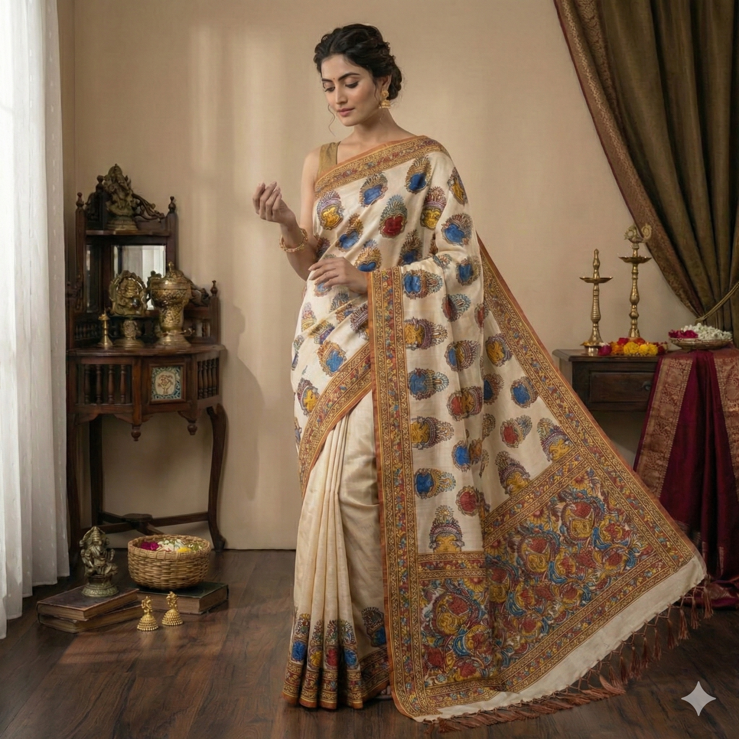 Ivory Digital Print Linen Saree with Traditional Motif & Tassels