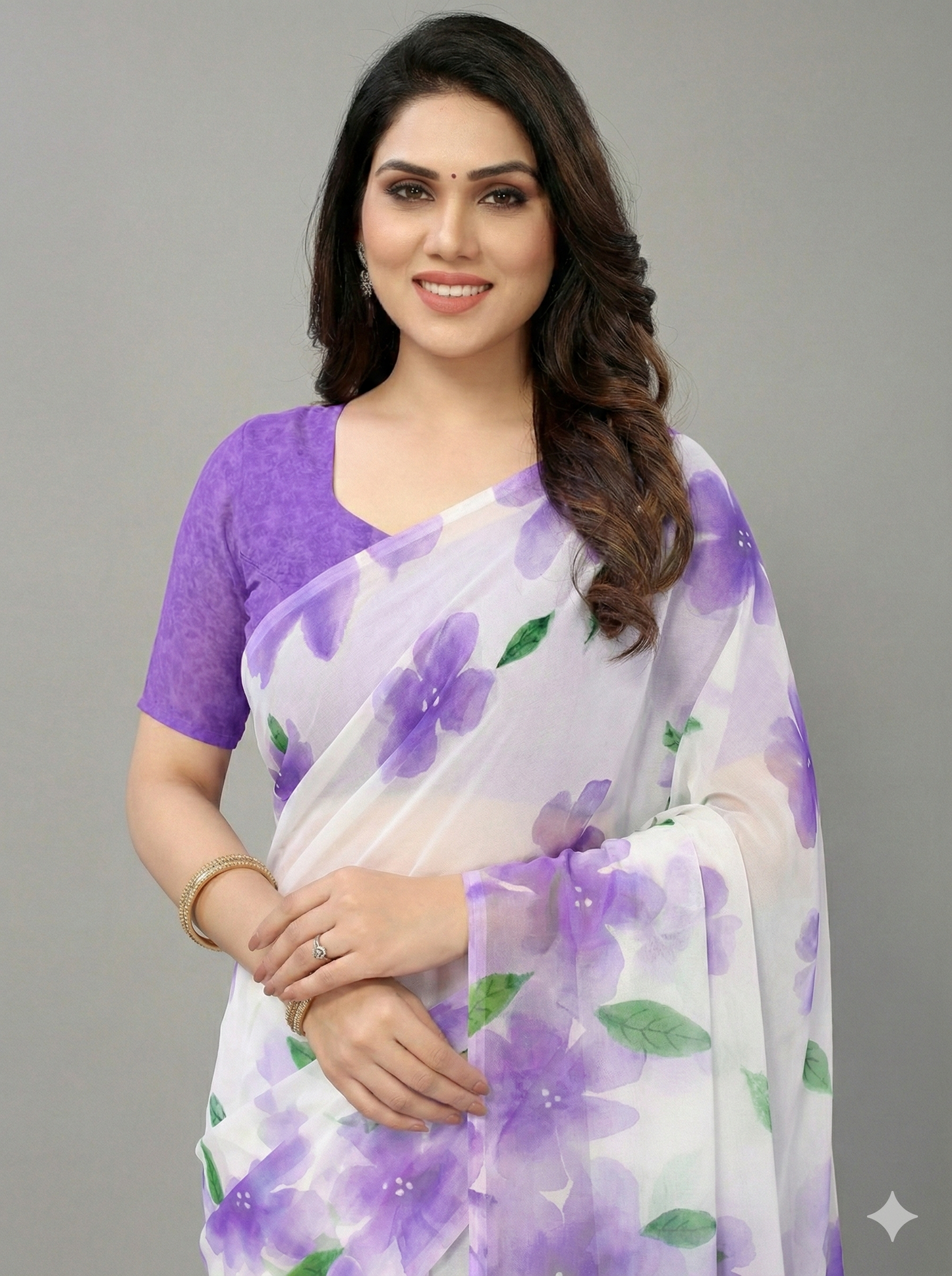Floral Printed Crunchy Chiffon Saree with Matching Blouse Piece