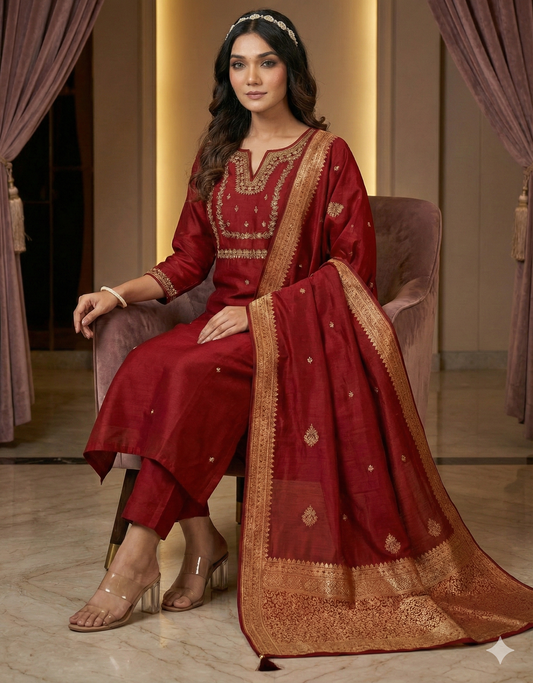 HerLuxe Embroidered Slub Cotton Silk Kurti Set with Banarasi Jacquard Dupatta