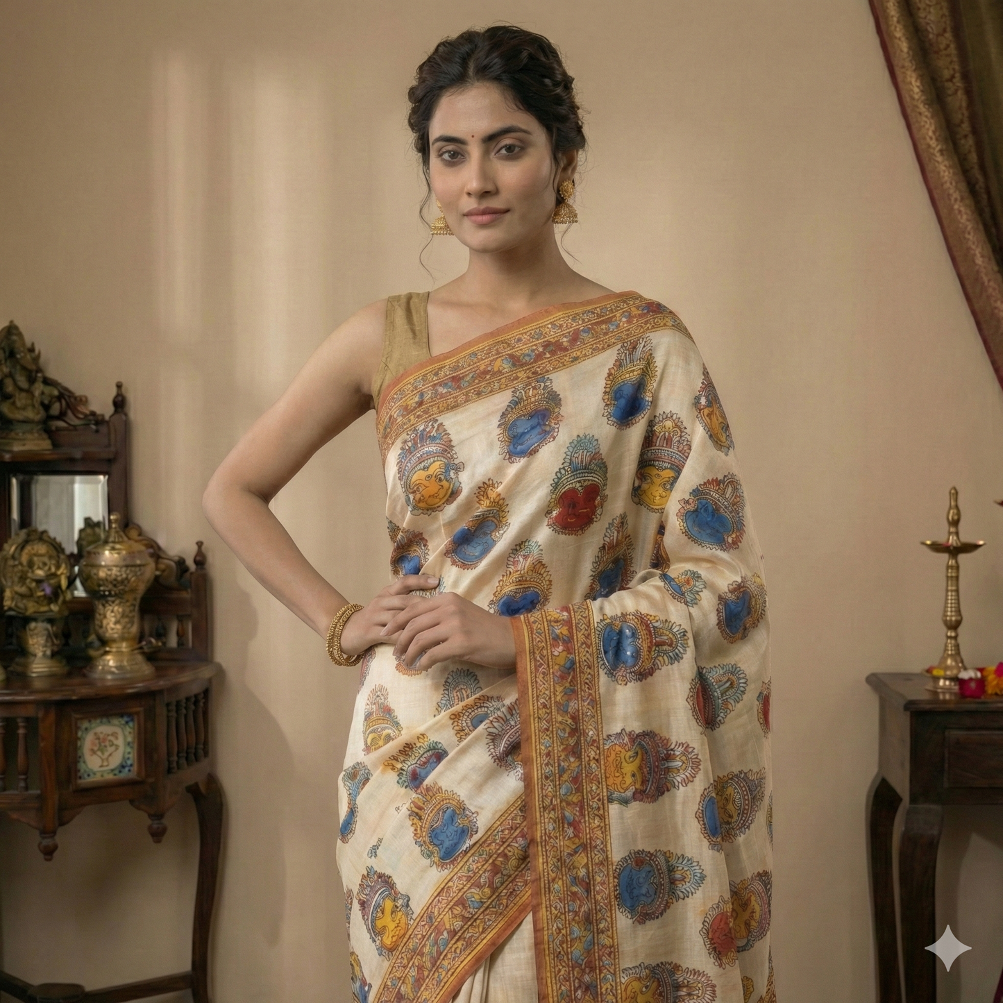 Ivory Digital Print Linen Saree with Traditional Motif & Tassels
