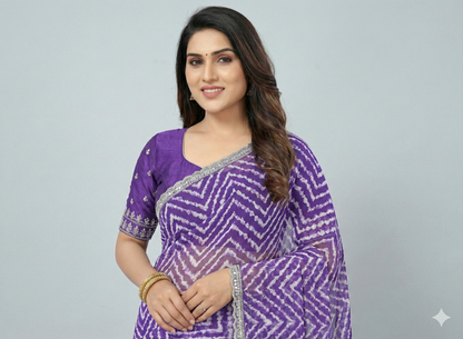 HerLuxe Chevron Print Chiffon Saree with Designer Lace Border