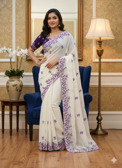 Ivory Soft Crunchy Chiffon Saree with Floral Embroidery & Scalloped Border