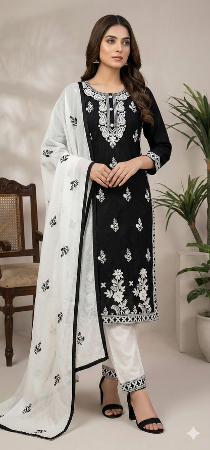 HerLuxe Chikankari Style Embroidered Rayon Kurti Set with Dupatta