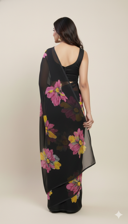 Floral Printed Crunchy Chiffon Saree with Matching Blouse Piece