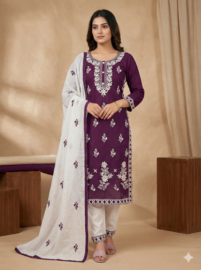 HerLuxe Chikankari Style Embroidered Rayon Kurti Set with Dupatta