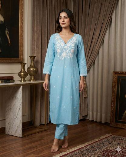 HerLuxe Lakhnavi Style Embroidered Rayon Kurti Pant Set