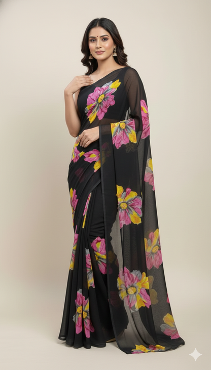 Floral Printed Crunchy Chiffon Saree with Matching Blouse Piece