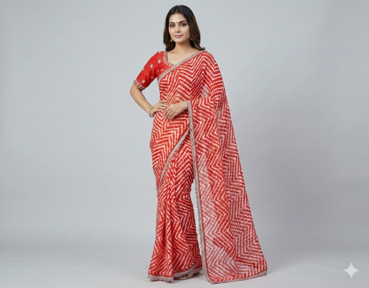 HerLuxe Chevron Print Chiffon Saree with Designer Lace Border