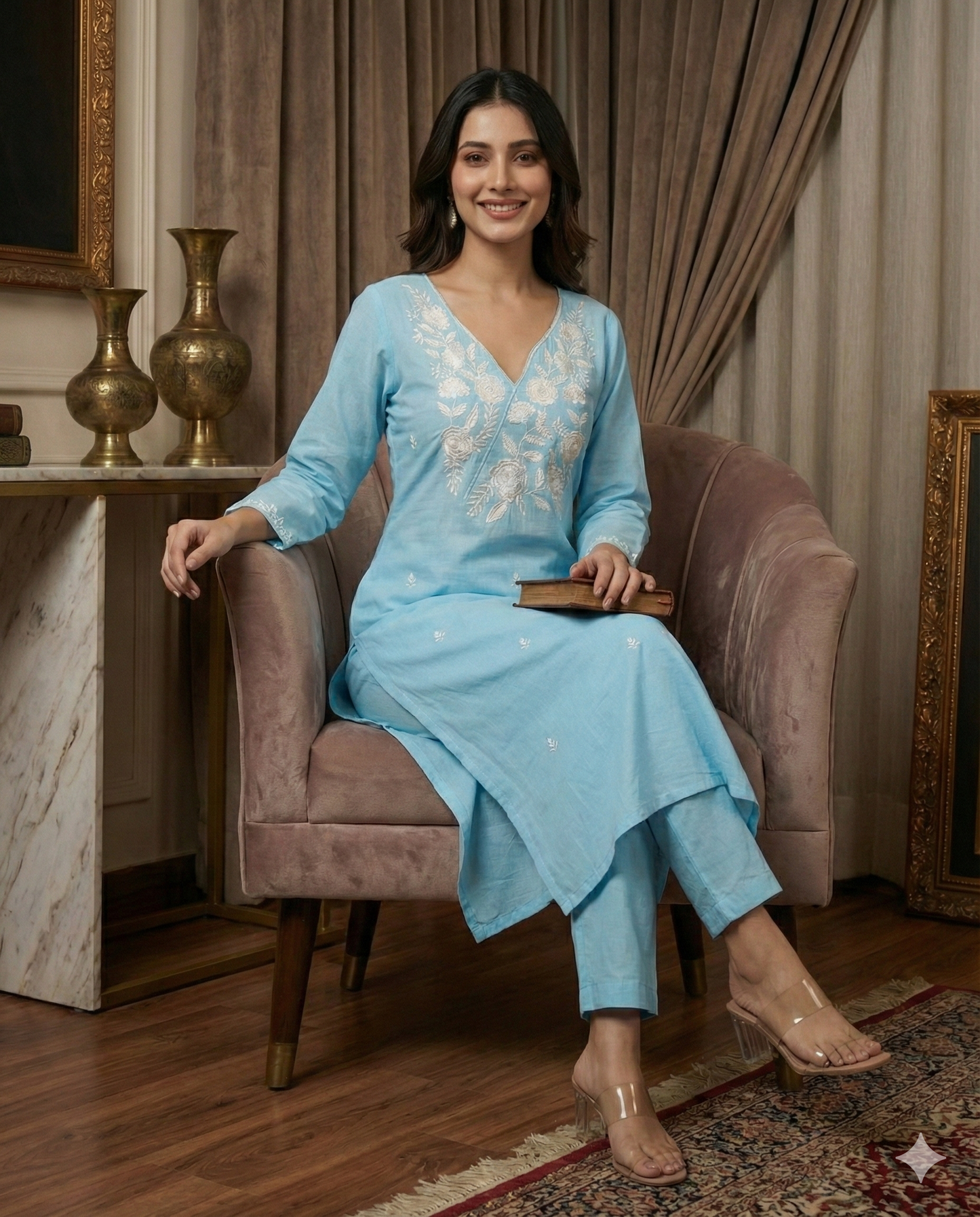 HerLuxe Lakhnavi Style Embroidered Rayon Kurti Pant Set