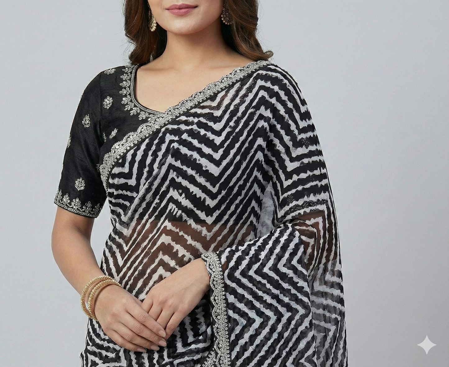 HerLuxe Chevron Print Chiffon Saree with Designer Lace Border