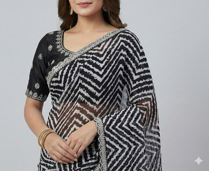 HerLuxe Chevron Print Chiffon Saree with Designer Lace Border