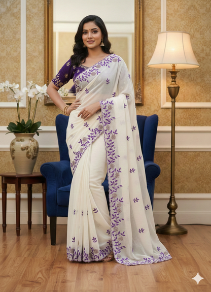 Ivory Soft Crunchy Chiffon Saree with Floral Embroidery & Scalloped Border