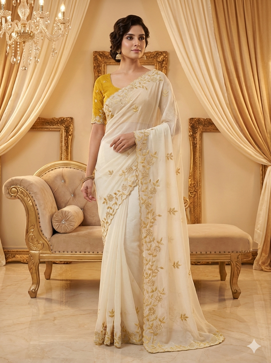 Ivory Soft Crunchy Chiffon Saree with Floral Embroidery & Scalloped Border