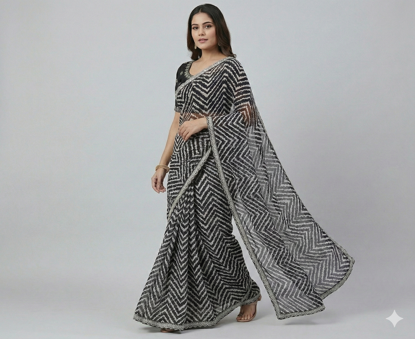 HerLuxe Chevron Print Chiffon Saree with Designer Lace Border