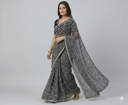 HerLuxe Chevron Print Chiffon Saree with Designer Lace Border