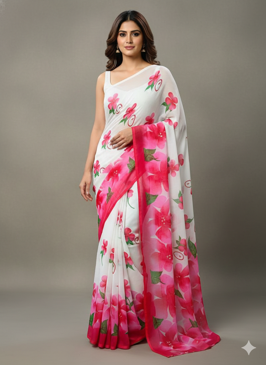 Floral Printed Crunchy Chiffon Saree with Matching Blouse Piece