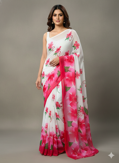 Floral Printed Crunchy Chiffon Saree with Matching Blouse Piece