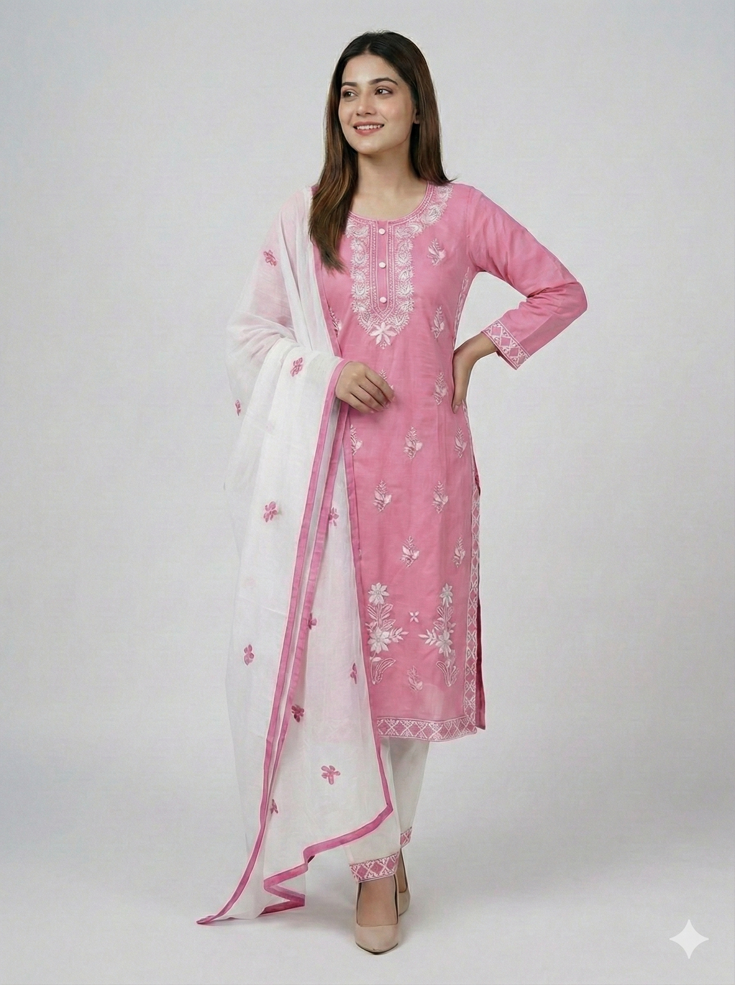 HerLuxe Chikankari Style Embroidered Rayon Kurti Set with Dupatta