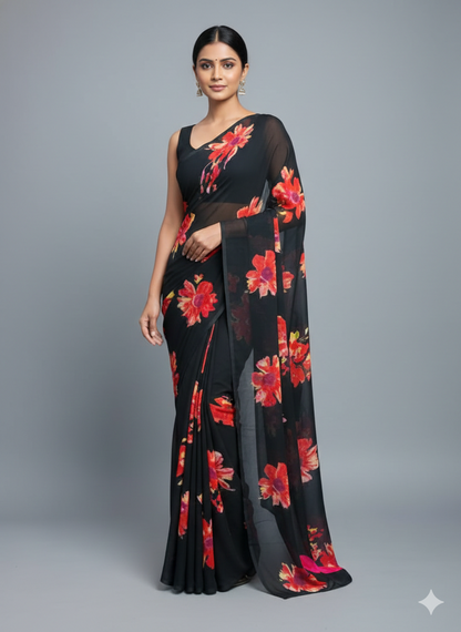 Floral Printed Crunchy Chiffon Saree with Matching Blouse Piece