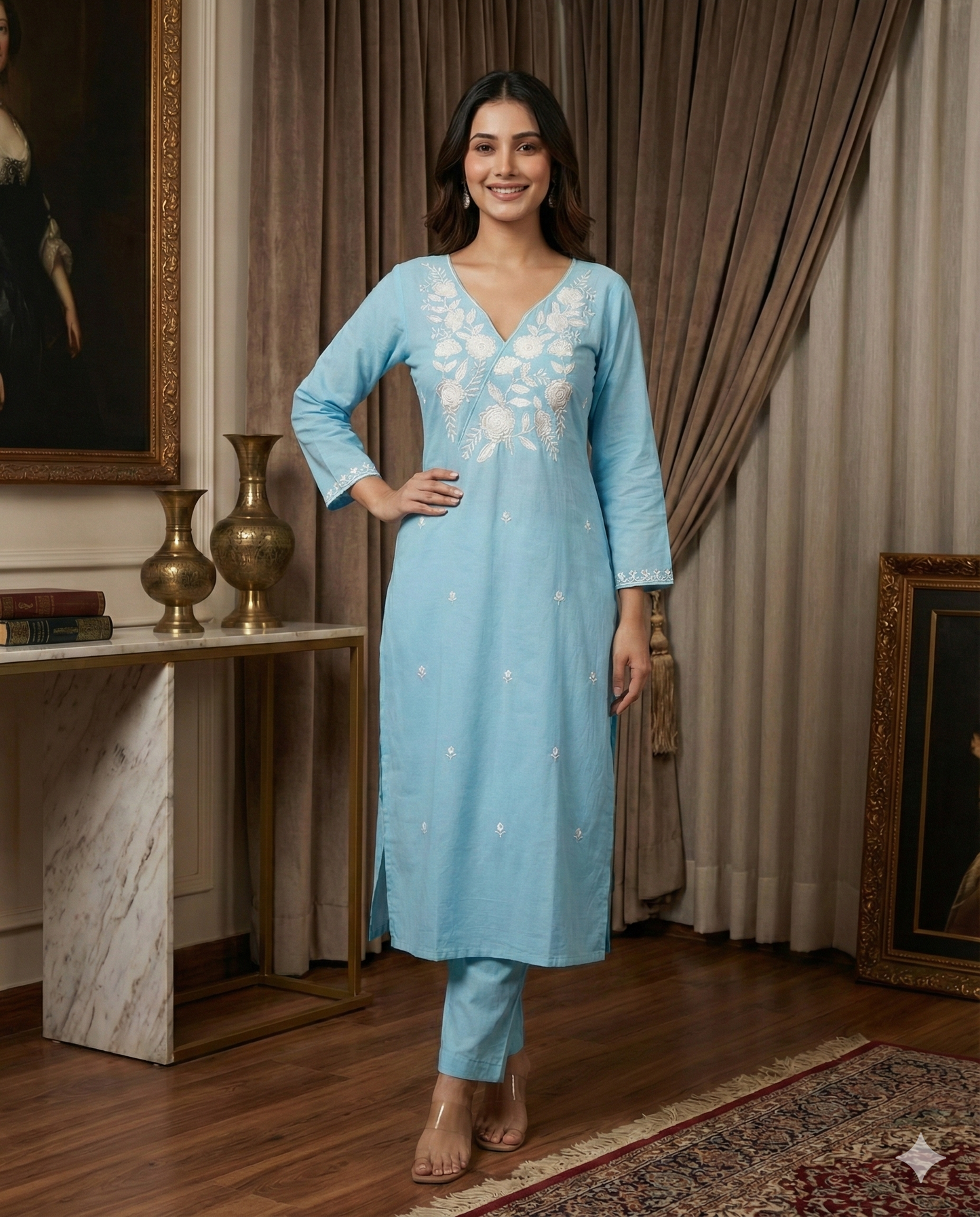 HerLuxe Lakhnavi Style Embroidered Rayon Kurti Pant Set