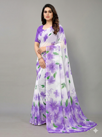 Floral Printed Crunchy Chiffon Saree with Matching Blouse Piece