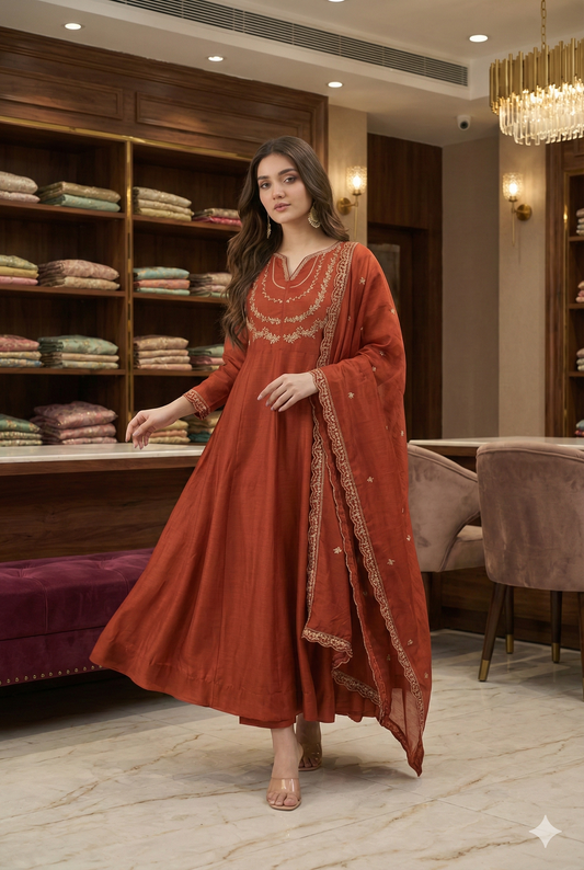 HerLuxe Vichitra Silk Anarkali Gown Set with Dupatta