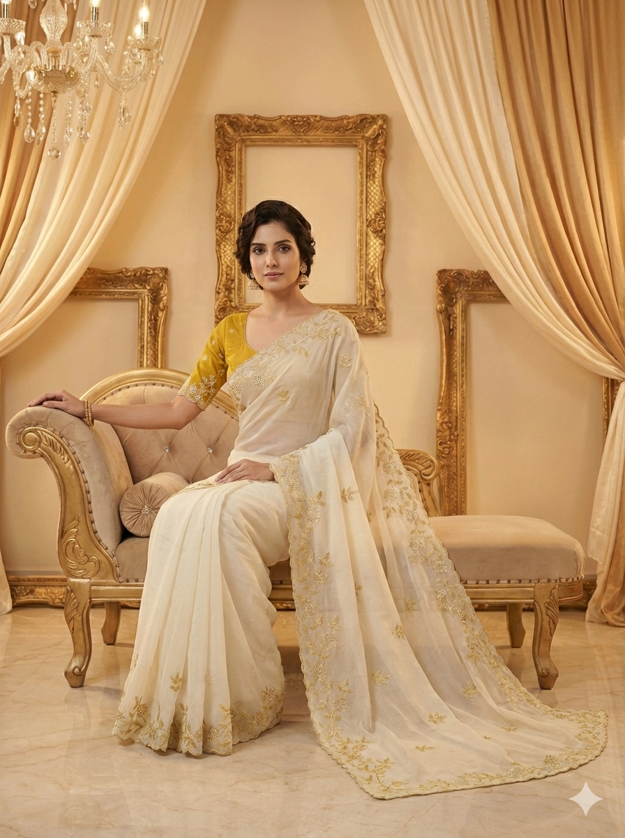 Ivory Soft Crunchy Chiffon Saree with Floral Embroidery & Scalloped Border
