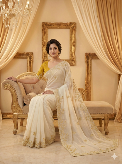 Ivory Soft Crunchy Chiffon Saree with Floral Embroidery & Scalloped Border