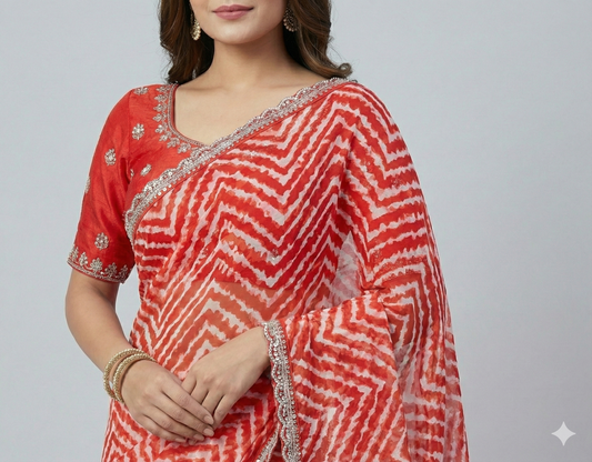 HerLuxe Chevron Print Chiffon Saree with Designer Lace Border