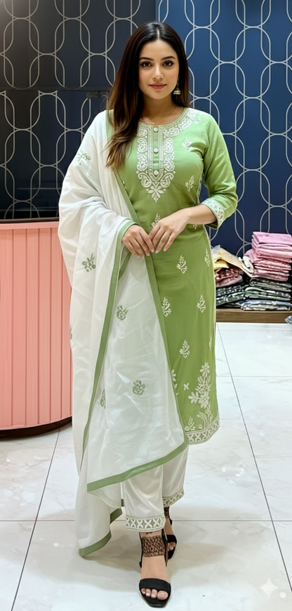 HerLuxe Chikankari Style Embroidered Rayon Kurti Set with Dupatta