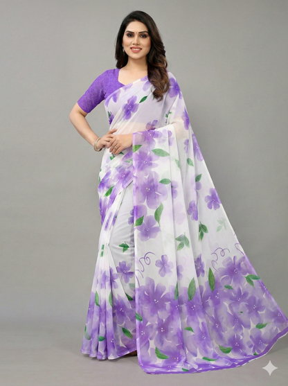 Floral Printed Crunchy Chiffon Saree with Matching Blouse Piece