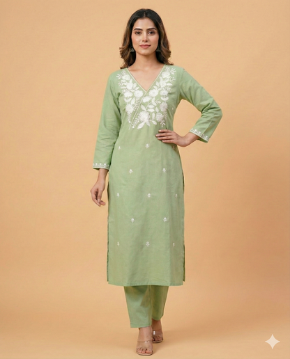 HerLuxe Lakhnavi Style Embroidered Rayon Kurti Pant Set