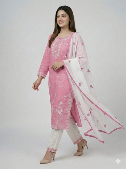 HerLuxe Chikankari Style Embroidered Rayon Kurti Set with Dupatta