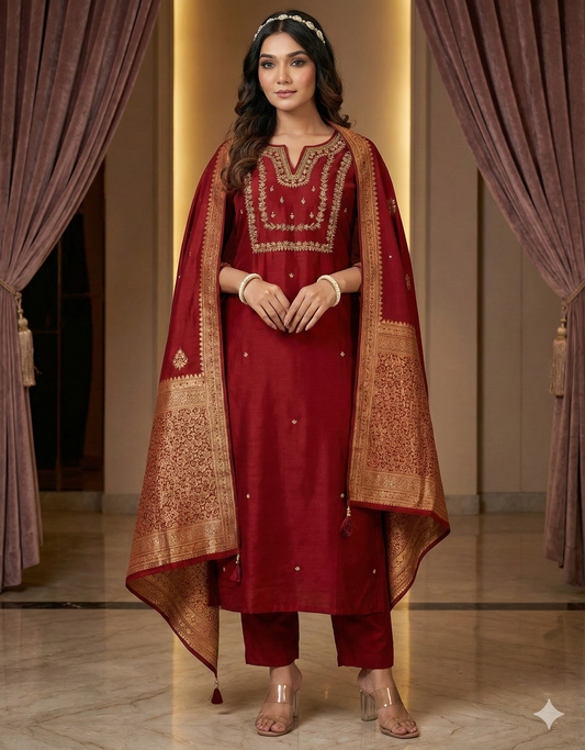 HerLuxe Embroidered Slub Cotton Silk Kurti Set with Banarasi Jacquard Dupatta