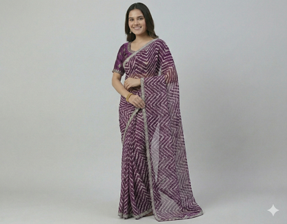 HerLuxe Chevron Print Chiffon Saree with Designer Lace Border