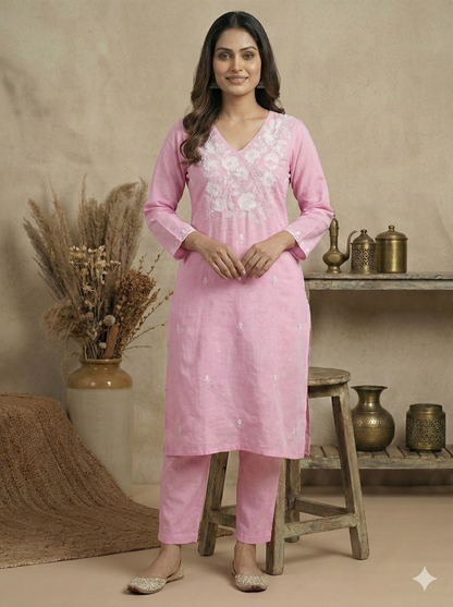 HerLuxe Lakhnavi Style Embroidered Rayon Kurti Pant Set