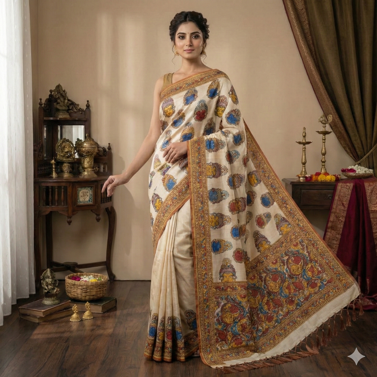 Ivory Digital Print Linen Saree with Traditional Motif & Tassels