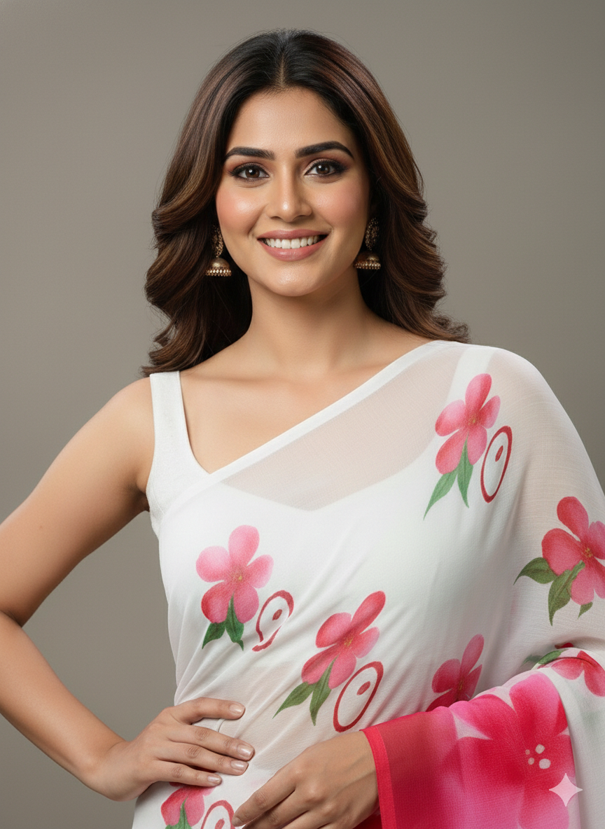 Floral Printed Crunchy Chiffon Saree with Matching Blouse Piece