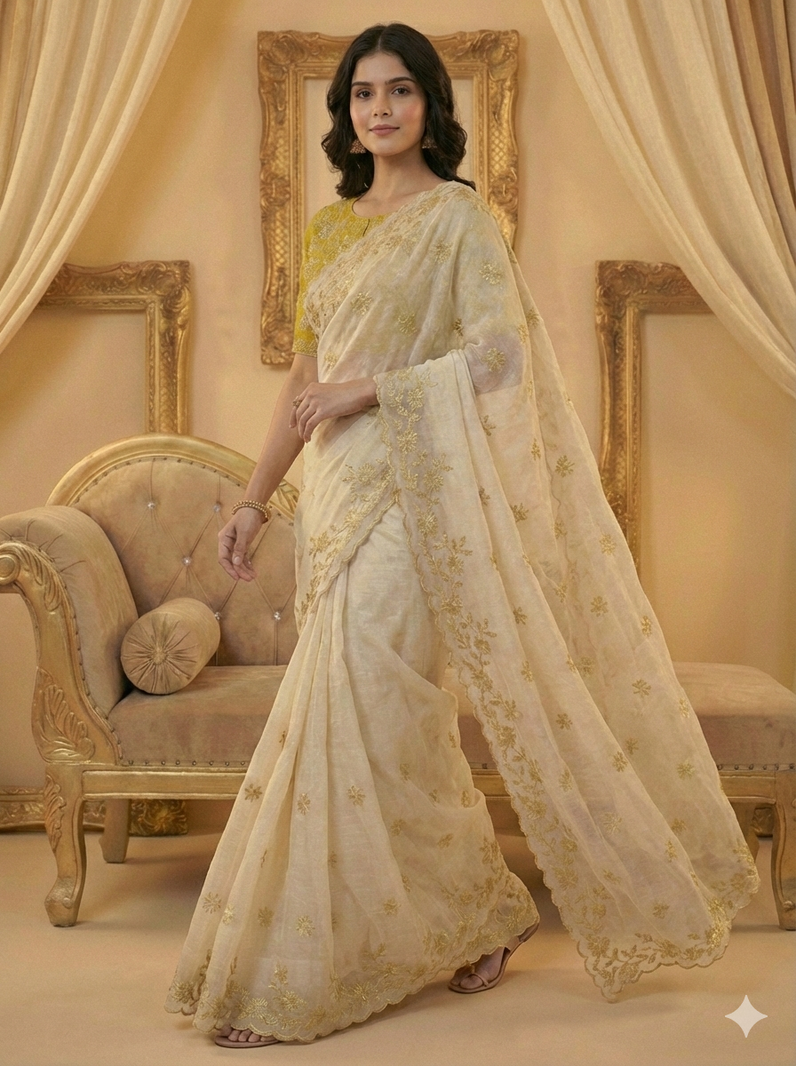 Ivory Soft Crunchy Chiffon Saree with Floral Embroidery & Scalloped Border