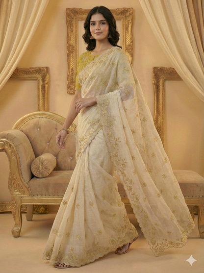 Ivory Soft Crunchy Chiffon Saree with Floral Embroidery & Scalloped Border