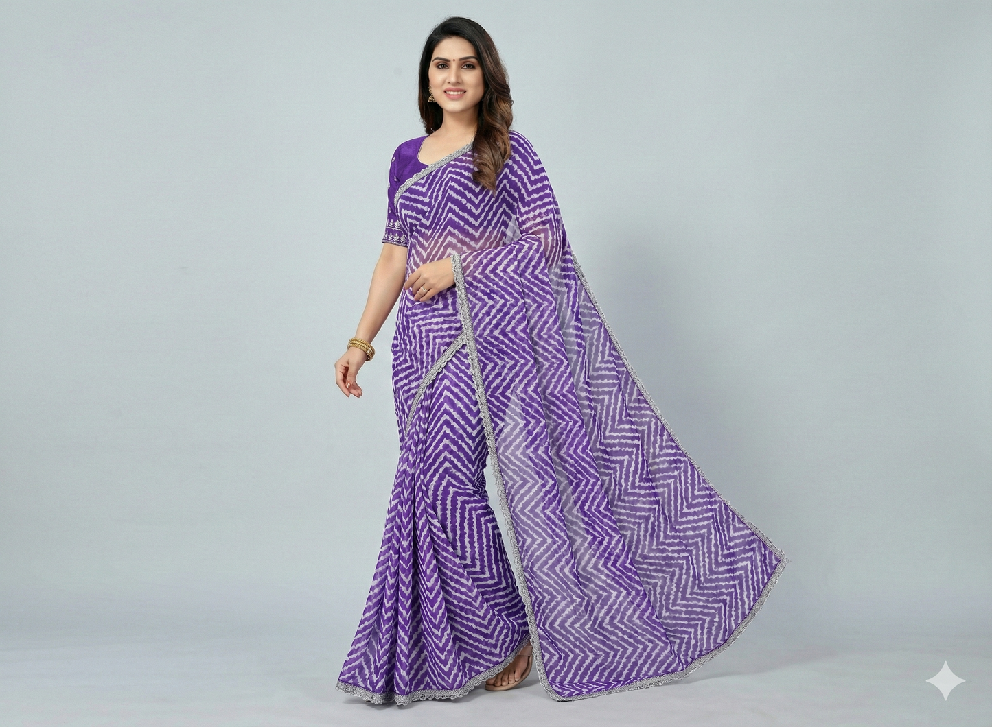 HerLuxe Chevron Print Chiffon Saree with Designer Lace Border