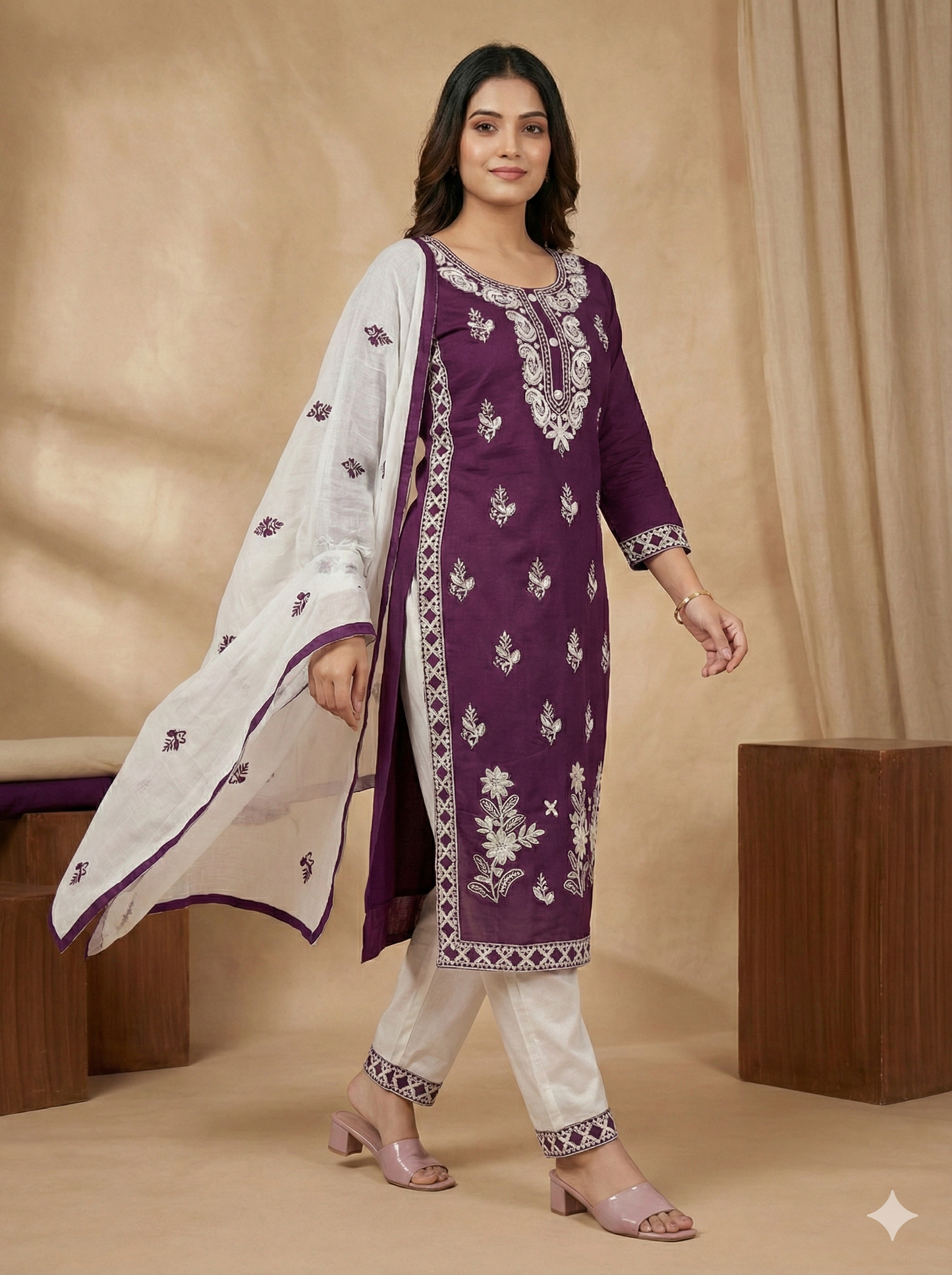 HerLuxe Chikankari Style Embroidered Rayon Kurti Set with Dupatta