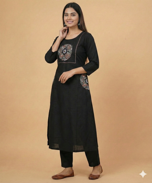 HerLuxe Everyday Charm Cotton Slub Embroidered Kurti Palazzo Set with Pockets